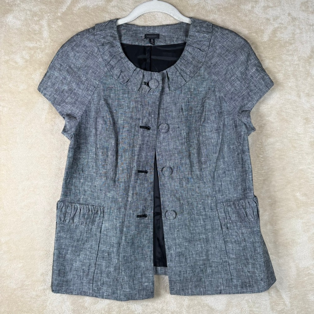 Madison Womens Size 8 Gray 100% Linen Short Sleeve Button Up Blazer Quiet Luxury